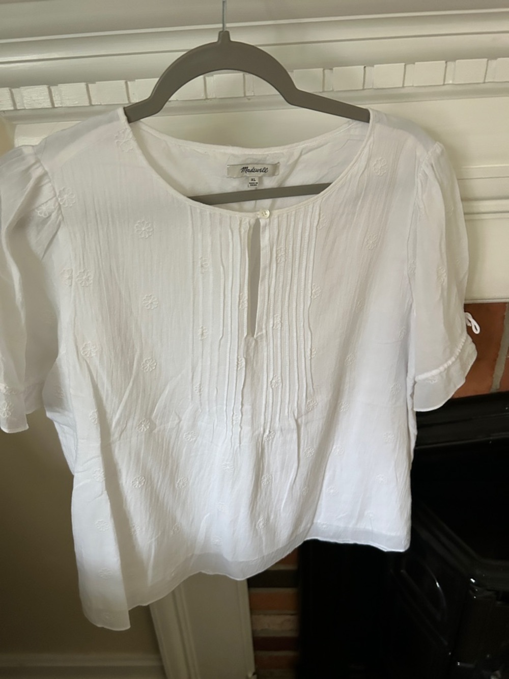 Madewell White Cotton Pintuck & Embroidered Peasant Blouse lined